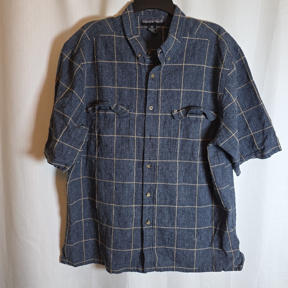Andrew Fezza Linen Cotton Button Up Shirt Mens 2XL Blue Check Short Sleeve XXL